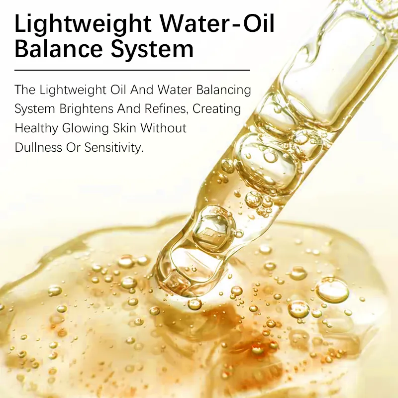 Image of a lightweight water-oil balance system with a pipette dropping oil into a liquid, illustrating a system that brightens and refines skin creating a healthy glow without dullness or sensitivity.